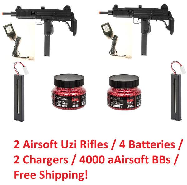 Refurbished Airsoft Uzi Electric Rifle 2 Pack w/ 4 Batteries, 2 Chargers, 4k BB's